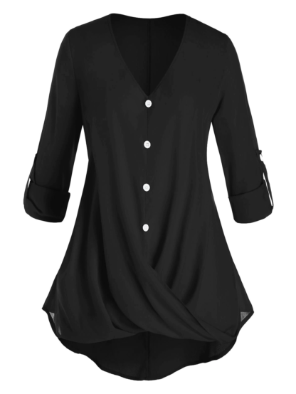 Plus Size Crossover Roll Up Sleeve Tunic Blouse