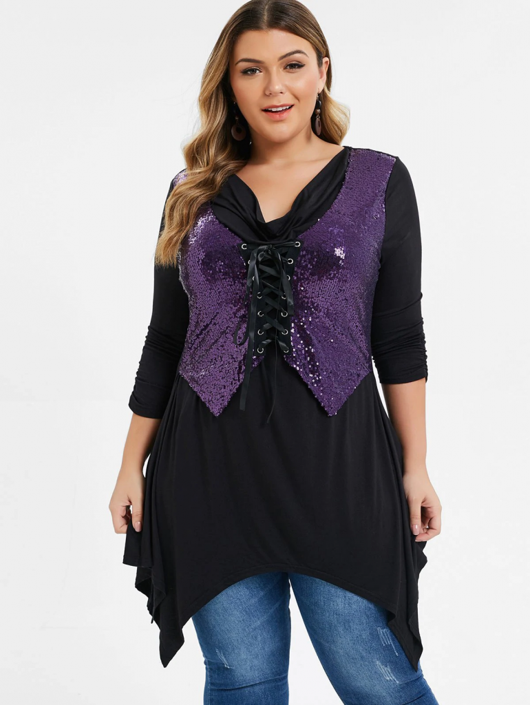 Plus Size Lace Up Sequined Asymmetrical Tunic Tee - Black - Big and ...