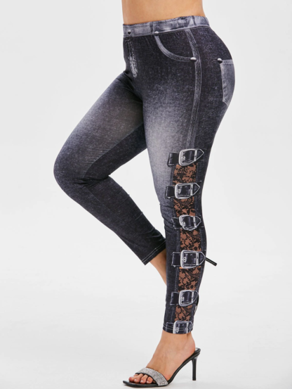 Plus Size 3D Buckle Denim Print Leggings - Black