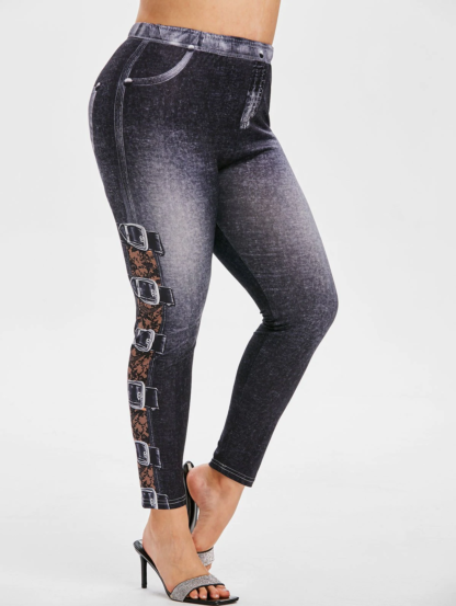 Plus Size 3D Buckle Denim Print Leggings - Black - Image 6