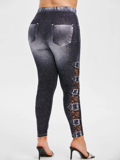 Plus Size 3D Buckle Denim Print Leggings - Black - Image 3