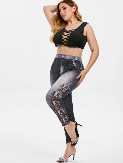 Plus Size 3D Buckle Denim Print Leggings - Black - Image 2