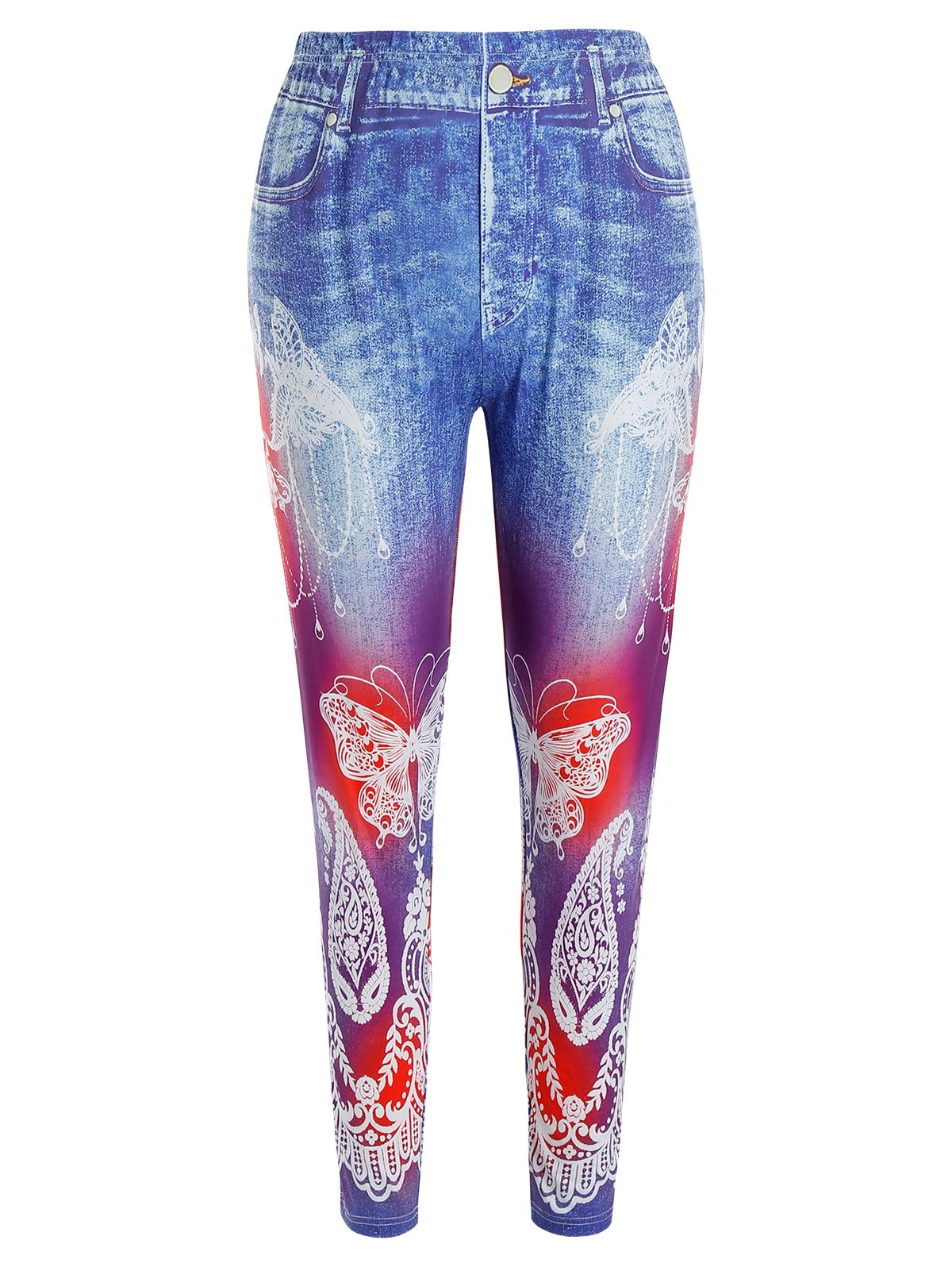 Plus Size Butterfly 3D Jean Print High Rise Leggings - Blue - Big and ...