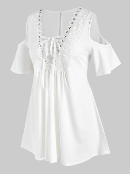 Plus Size Lace Up Cold Shoulder Blouse – White