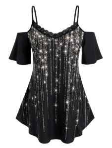 Plus Size Sparkling Fringe Printed Lace T Shirt - Black