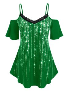 Plus Size Sparkling Fringe Printed Lace T Shirt - Green