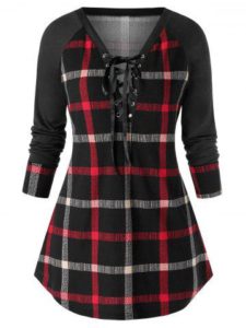 Plus Size Raglan Sleeve Checked Tunic Sweatshirt - Multicolor