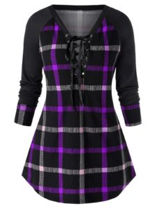 Plus Size Raglan Sleeve Checked Tunic Sweatshirt - Purple