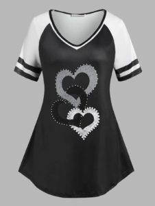 Plus Size Heart Pattern Raglan Sleeve T-shirt - Black