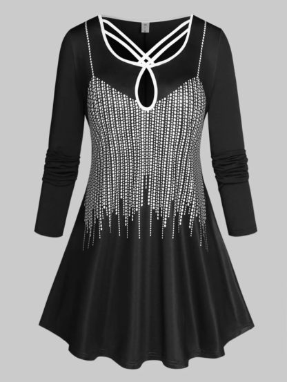 Plus Size Keyhole Cutout Cross Print Long Sleeve T-shirt - Black