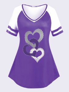 Plus Size Heart Pattern Raglan Sleeve T-shirt - Purple